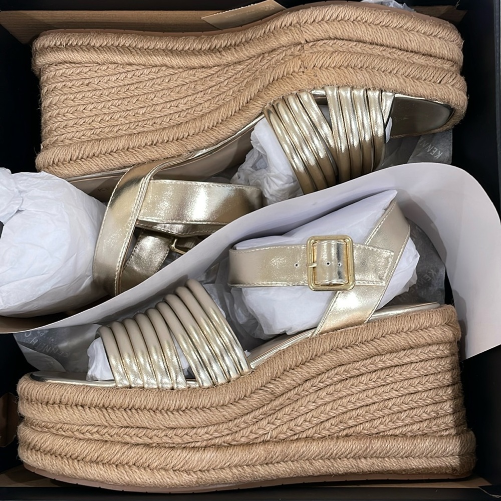 Kenneth Cole gold bracelet open toe ankle espadrille platform wedge gold buckle